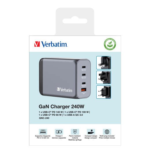 Verbatim GNC-240 GaN Charger 4 Port 240W USB A/C (EU/UK/US)