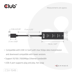 Club3D USB-Hub USB Typ-C 3.2 > 3x USB Typ A 1Gbps retail