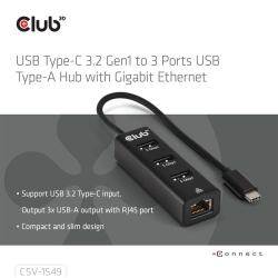 Club3D USB-Hub USB Typ-C 3.2 > 3x USB Typ A 1Gbps retail