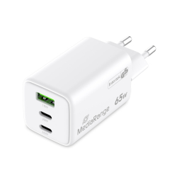 Ladegerät, USB-A/2x USB-C, GaN, 65W, weiß