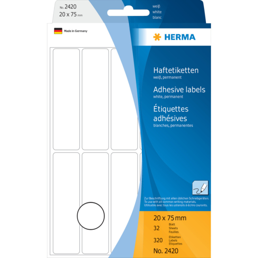 2420 Vielzwecketiketten - weiß, 20x75 mm, matt, 320 Stück
