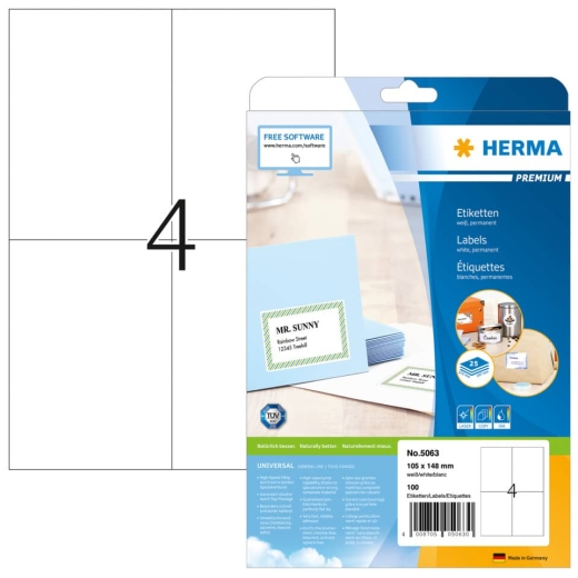 5063 Etiketten Premium A4, weiß 105x148 mm Papier matt 100 St.