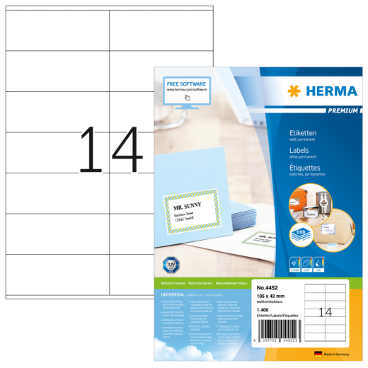 4452 Etiketten Premium A4, weiß 105x42 mm Papier matt 1400 St.