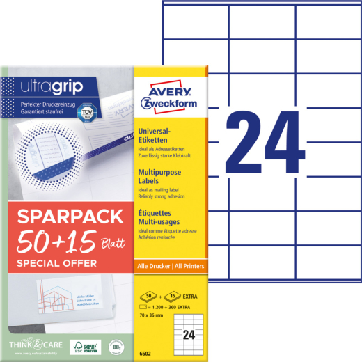 6602 Universal-Etiketten ultragrip - 70 x 36 mm, weiß, 1.560 Etiketten, permanent