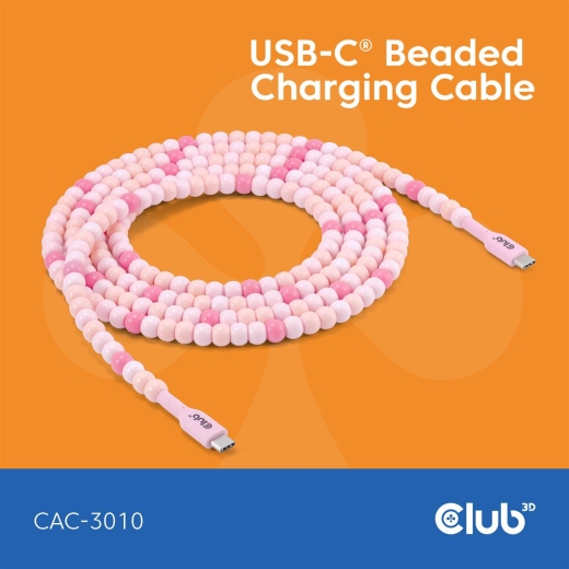 Club3D Lifestyle USB-C Perlen-Kabel PD60W,480Mbps 2m rosa retail