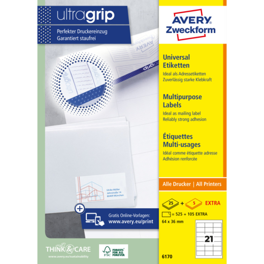 6170 Universal-Etiketten ultragrip - 64 x 36 mm, weiß, 630 Etiketten, permanent