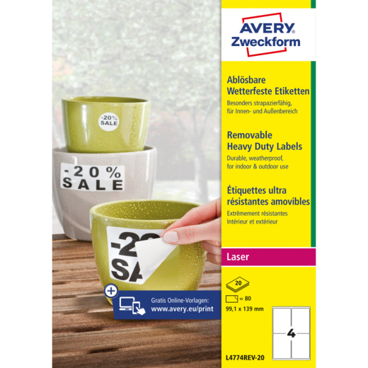 L4774REV-20 Wetterfeste Etiketten (A4, 80 Stück, ablösbar, 99,1 x 139 mm) 20 Blatt weiß