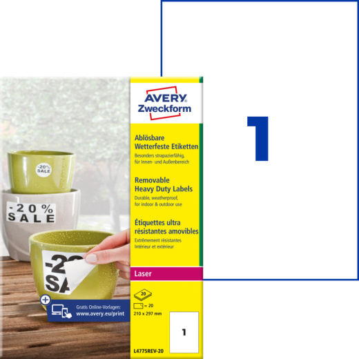 L4775REV-20 Folienetiketten - 210 x 297 mm, weiß, 20 Etiketten, ablösbar, wetterfest