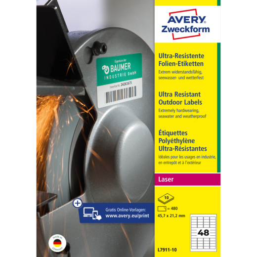 L7911-10 Ultra-Resistente Folien-Etiketten - A4, 480 Stück, 45,7 x 21,2 mm, 10 Blatt weiß
