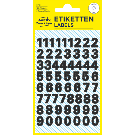 3781 Zahlen-Etiketten - 0-9, 9,5 mm, schwarz, selbstklebend, wetterfest, 120 Etiketten