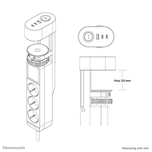 Neomounts STE 3er Tischsteckdose Klemme 1xUSB-A 2xUSB-C weiß