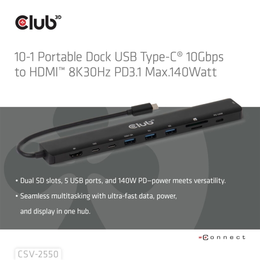 Club3D USB-C 10in1-HUB >HDMI/3xUSB-C/3xUSB/LAN 8K30Hz PD140W retail
