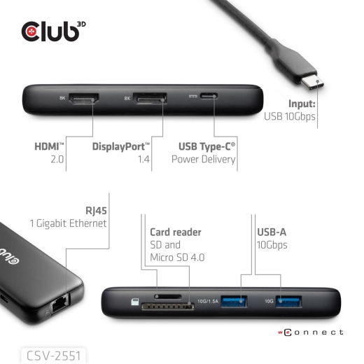 Club3D USB-C 8in1-HUB >DP1.4/HDMI2.0/USB-C/LAN 8K30Hz PD100W retail