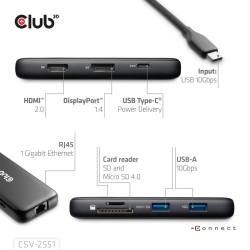 Club3D USB-C 8in1-HUB >DP1.4/HDMI2.0/USB-C/LAN 8K30Hz...