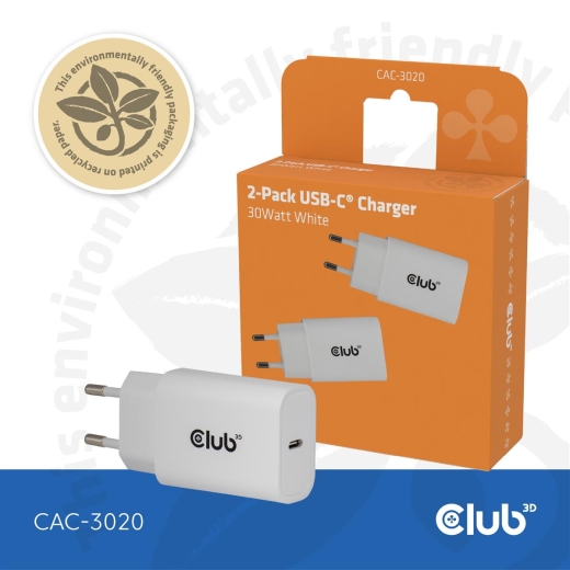 Club3D Lifestyle Ladegerät USB-C 30Watt, 2Stk weiß retail