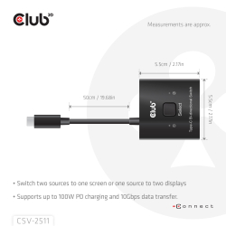 Club3D USB-C Switch 2<->1 10Gbps + 100W PD St/Bu...