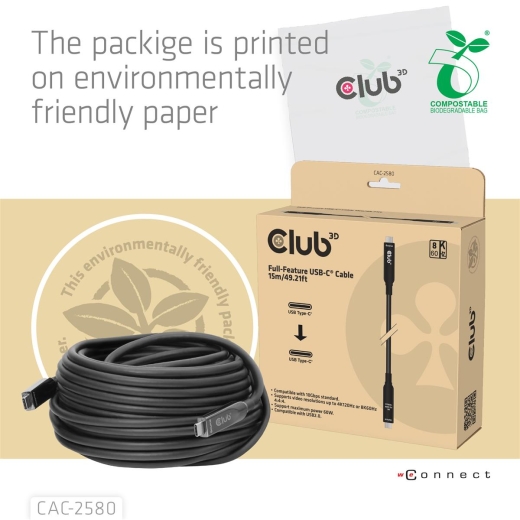 Club3D USB-C AOC-Kabel 8K/ 10Gbps/ 60W 15m St/St