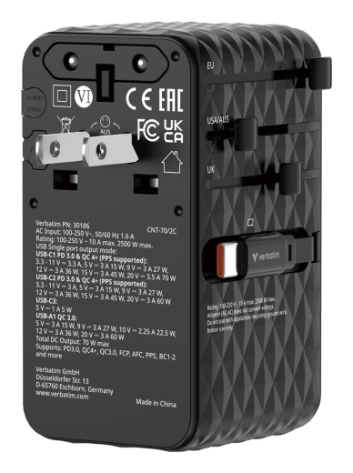 Verbatim ChargenTravel Adapter 70W 2C retractable black