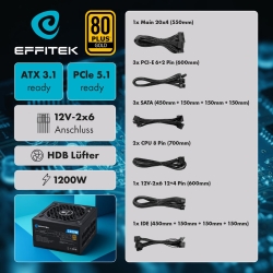 EFFITEK Netzteil 1200W Gold ATX 3.1, PCI 5.1 Modularer Kabel