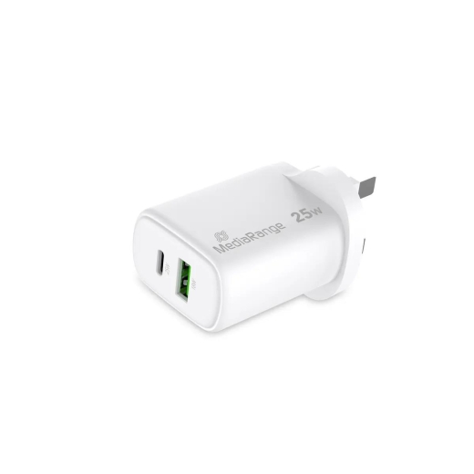 MediaRange Ladegerät 25W 2-Port 1x USB-A/1x USB-C UK GaN, ws