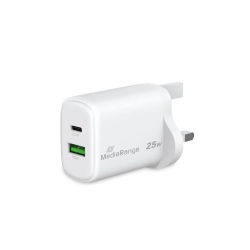 MediaRange Ladegerät 25W 2-Port 1x USB-A/1x USB-C UK GaN, ws