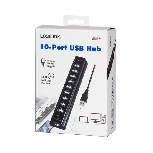 Logilink USB-HUB 10-Port m. Netzteil schwarz Kunststoff