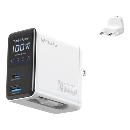 4smarts Charger Flex Screen AI GaN 100W 2x USB-C and 1x USB-A white