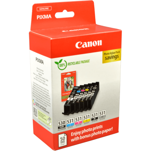 6 Canon Tinten 6117C004 Photo Value Pack PGI-530 + CLI-531 KCMY GY PGBK + Papier