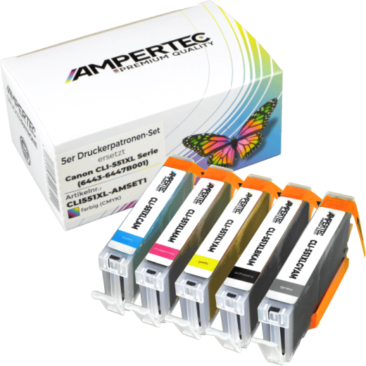 5 Ampertec Tinten ersetzt Canon CLI-551XL Multipack KCMY GY