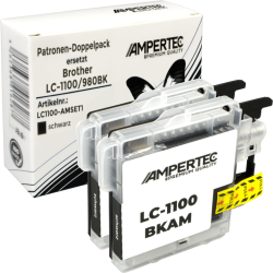 2 Ampertec Tinten ersetzt Brother LC-1100BK Doppelpack...