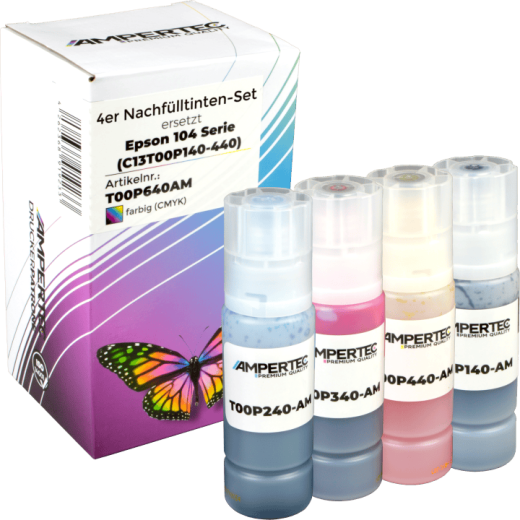 4 Ampertec Nachfülltinten ersetzt Epson C13T00P140-440 104 Multipack KCMY