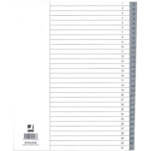 Zahlenregister - 1 - 31, PP, A4 Überbreite, 31 Blatt, grau