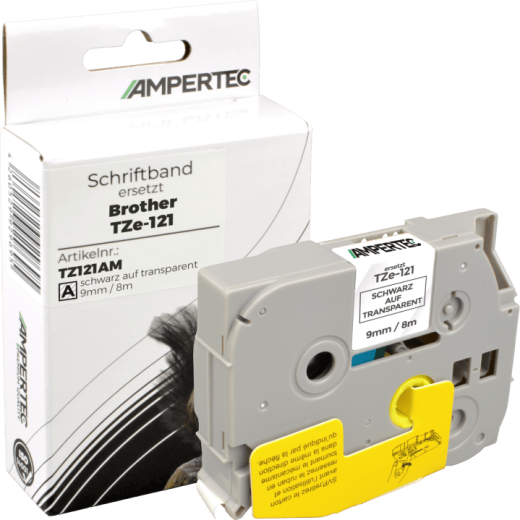 P-Touch Band kompatibel zu TZe-121 schwarz auf transparent 9mm / 8m laminiert