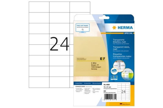 HERMA Etiketten transp. matt A4 70x37 mm Folie 600 St.