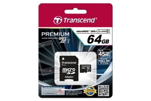 SD microSD Card 64GB Transcend SDXC UHS1 w/adapter