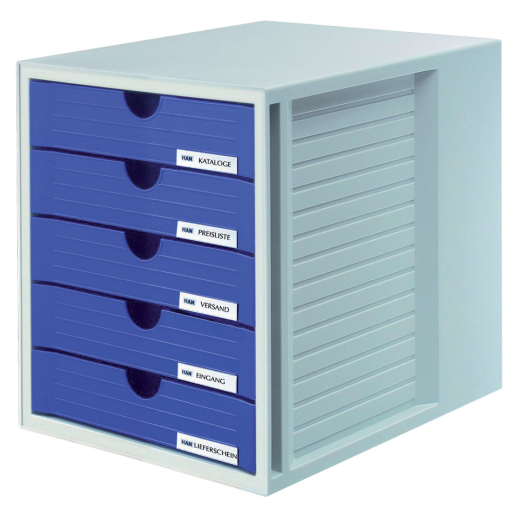 Schubladenbox SYSTEMBOX - A4/C4, 5 geschlossene Schubladen, lichtgrau-blau