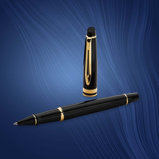 Waterman Expert Tintenroller | Hochglänzend Schwarz mit Zierteile aus 23 K Gold| feine Spitze | Schwarz | Geschenkbox