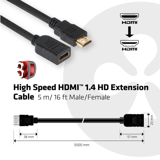 Club3D HDMI-Kabel 1.4 HD-Verlängerungskabel 5 Meter St/Bu retail