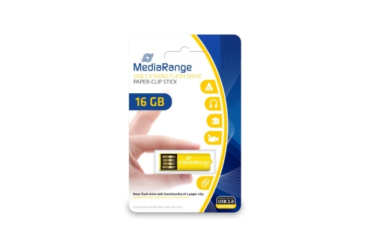 MediaRange USB Nanostick 16GB m. Klammerfunktion gelb
