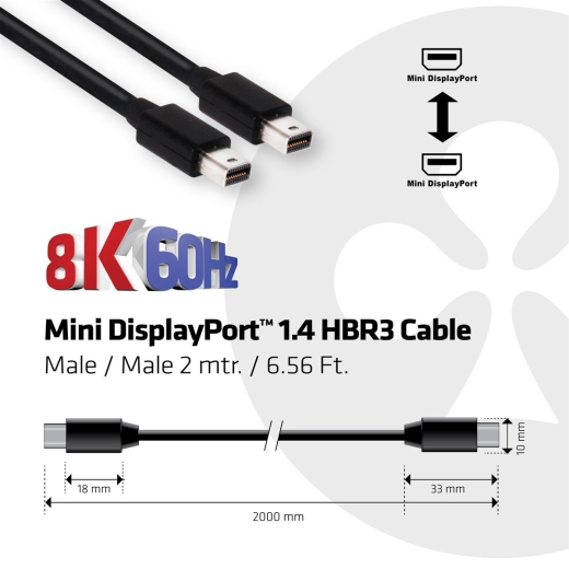 Club3D Mini-DP-Kabel 1.4 HBR3 32,4Gb/s 2m 8K60Hz St/St retail