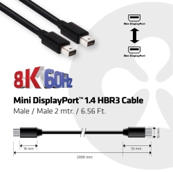 Club3D Mini-DP-Kabel 1.4 HBR3 32,4Gb/s 2m 8K60Hz St/St...