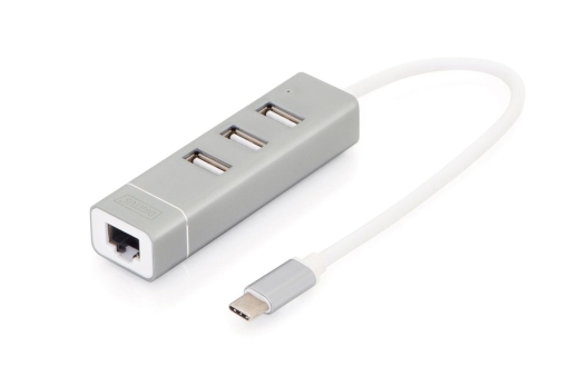 DIGITUS USB Adapter USB2.0/C -> RJ45 Ethernet+3-Port-Hub wei