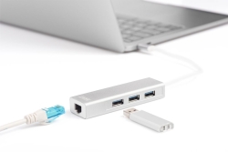 DIGITUS USB Adapter USB3.0/C -> GB Ethernet+3-Port-Hub weiss