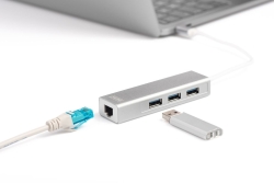 DIGITUS USB Adapter USB3.0/C -> GB Ethernet+3-Port-Hub weiss