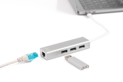 DIGITUS USB Adapter USB3.0/C -> GB Ethernet+3-Port-Hub weiss