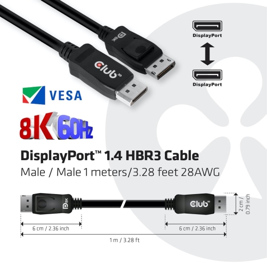 Club3D DisplayPort-Kabel 1.4 HBR3 32,4Gb/s 1m 8K60Hz St/St Polybeutel