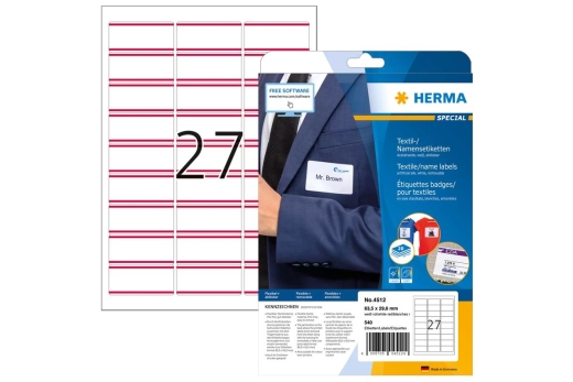 HERMA Textil/Namensetiketten A4 63,5x29,6mm weiß/rot 540St.