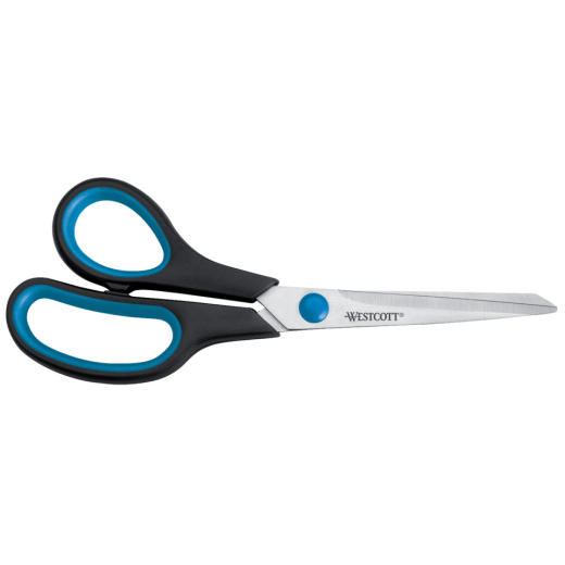 Schere Easy Grip, Linkshand, rostfrei, gebogen, asymmetrisch, blau/sw, 21 cm