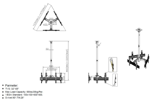 Equip Deckenhalterung 32-65/3TFT 30Kg Triple-Screen sw lite Retail