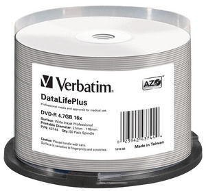 DVD-R Verbatim 4,7GB 50pcs Spin Wide printable no-ID 16x